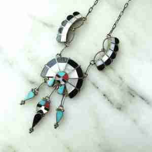Vintage Zuni Sun God Multi Stone Inlay Sterling Silver Necklace Native American ETC11183