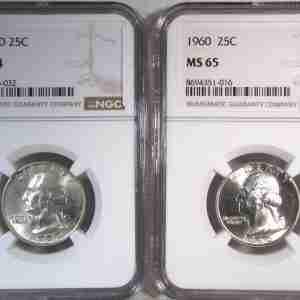 1960 & 1960-D Silver Washington Quarters NGC MS65 & MS64 Coin Lot AT736