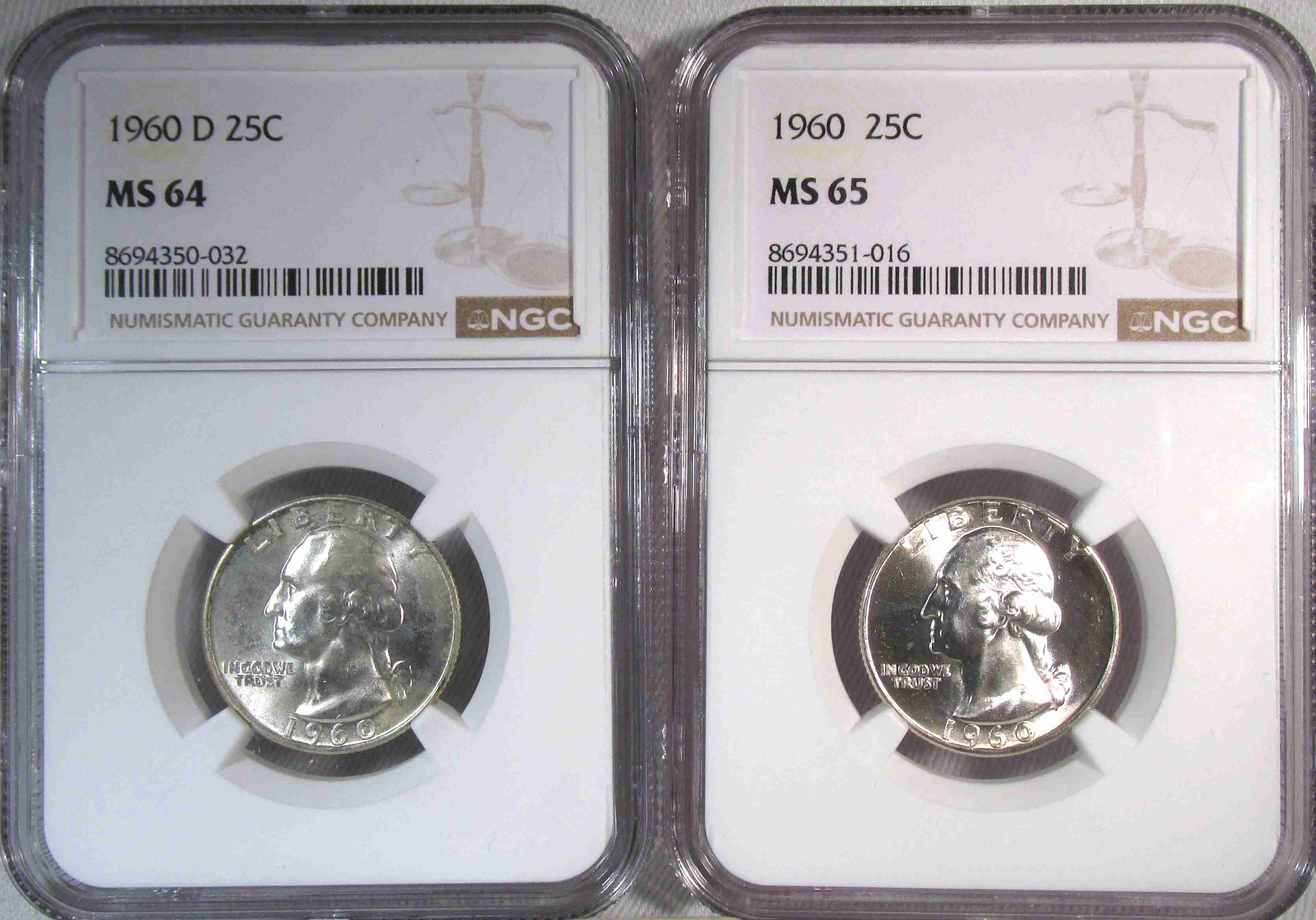 1960 & 1960-D Silver Washington Quarters NGC MS65 & MS64 Coin Lot AT736