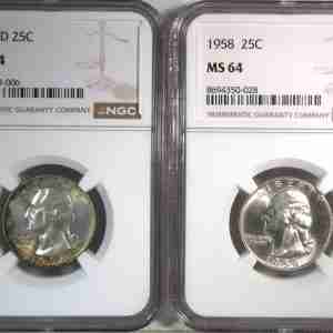 1958 & 1958-D Silver Washington Quarters NGC MS64 Coin Lot AT737