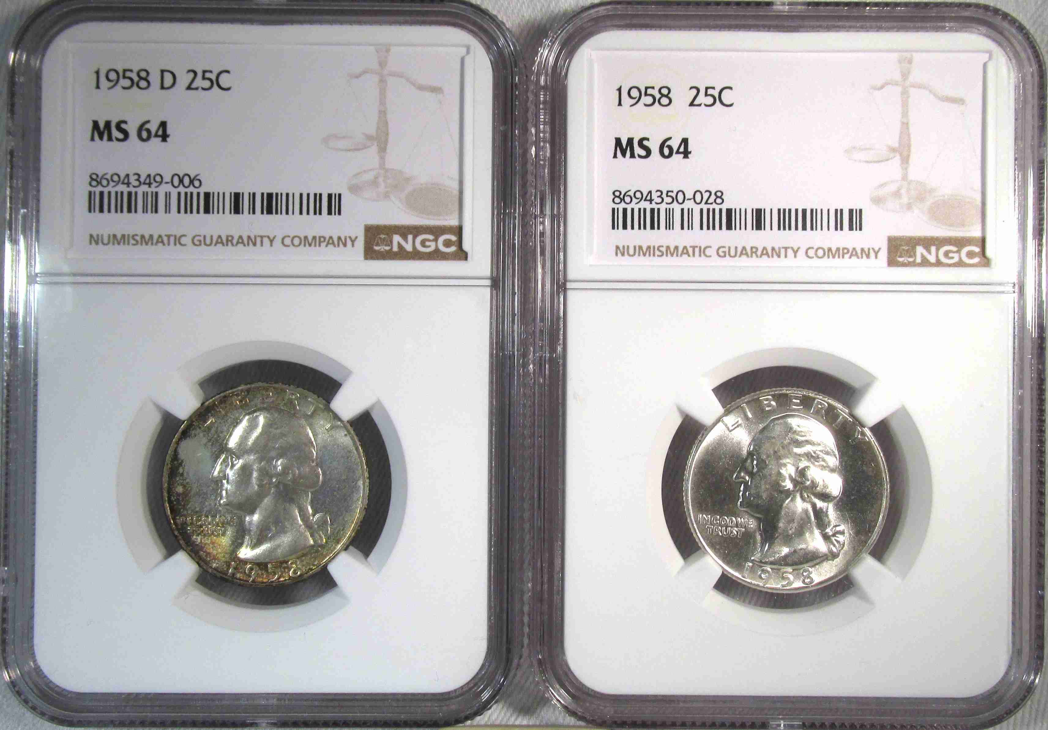 1958 & 1958-D Silver Washington Quarters NGC MS64 Coin Lot AT737