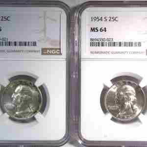 1953 & 1954-S Silver Washington Quarters NGC MS65 & MS64 Coin Lot AT738
