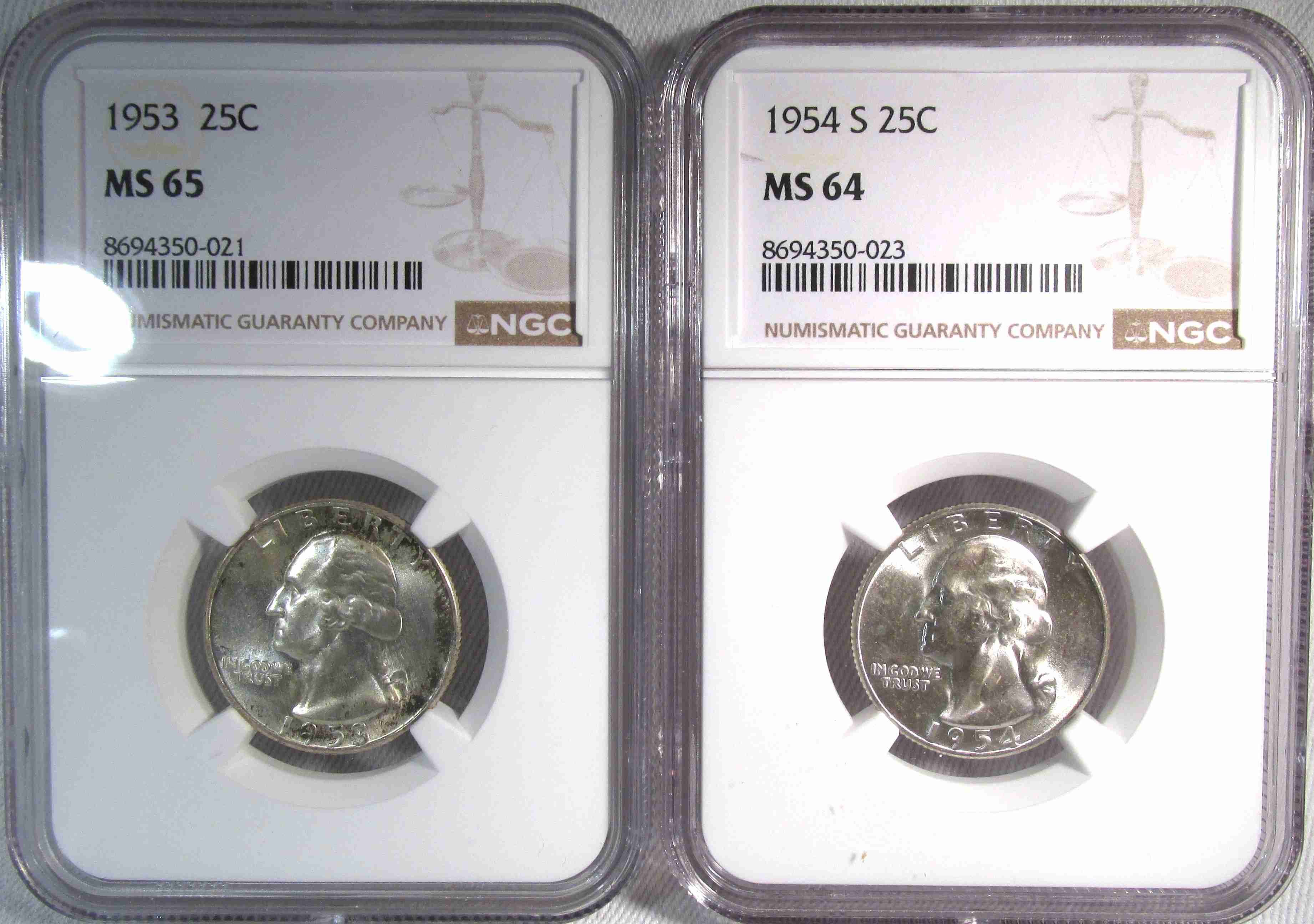 1953 & 1954-S Silver Washington Quarters NGC MS65 & MS64 Coin Lot AT738