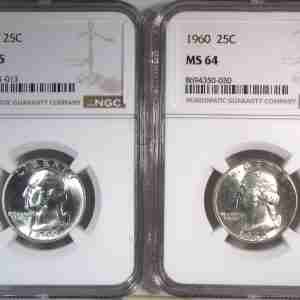 1959 & 1960 Silver Washington Quarters NGC MS65 & MS64 Coin Lot AT740