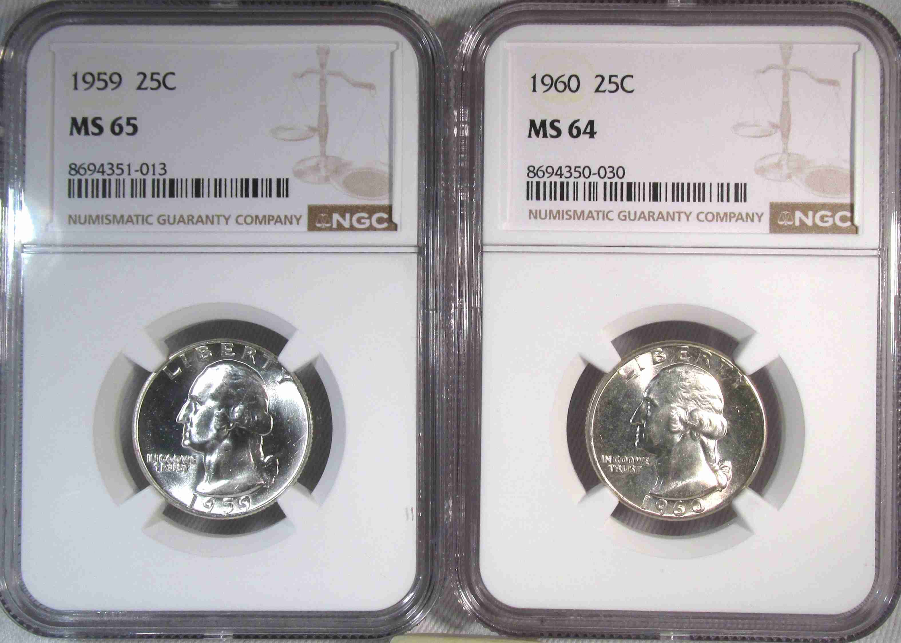 1959 & 1960 Silver Washington Quarters NGC MS65 & MS64 Coin Lot AT740