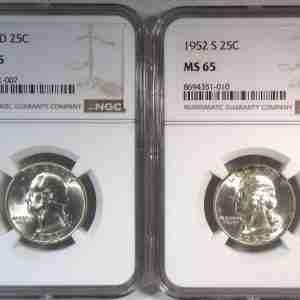1951-D & 1952-S Silver Washington Quarters NGC MS65 Coin Lot AT742