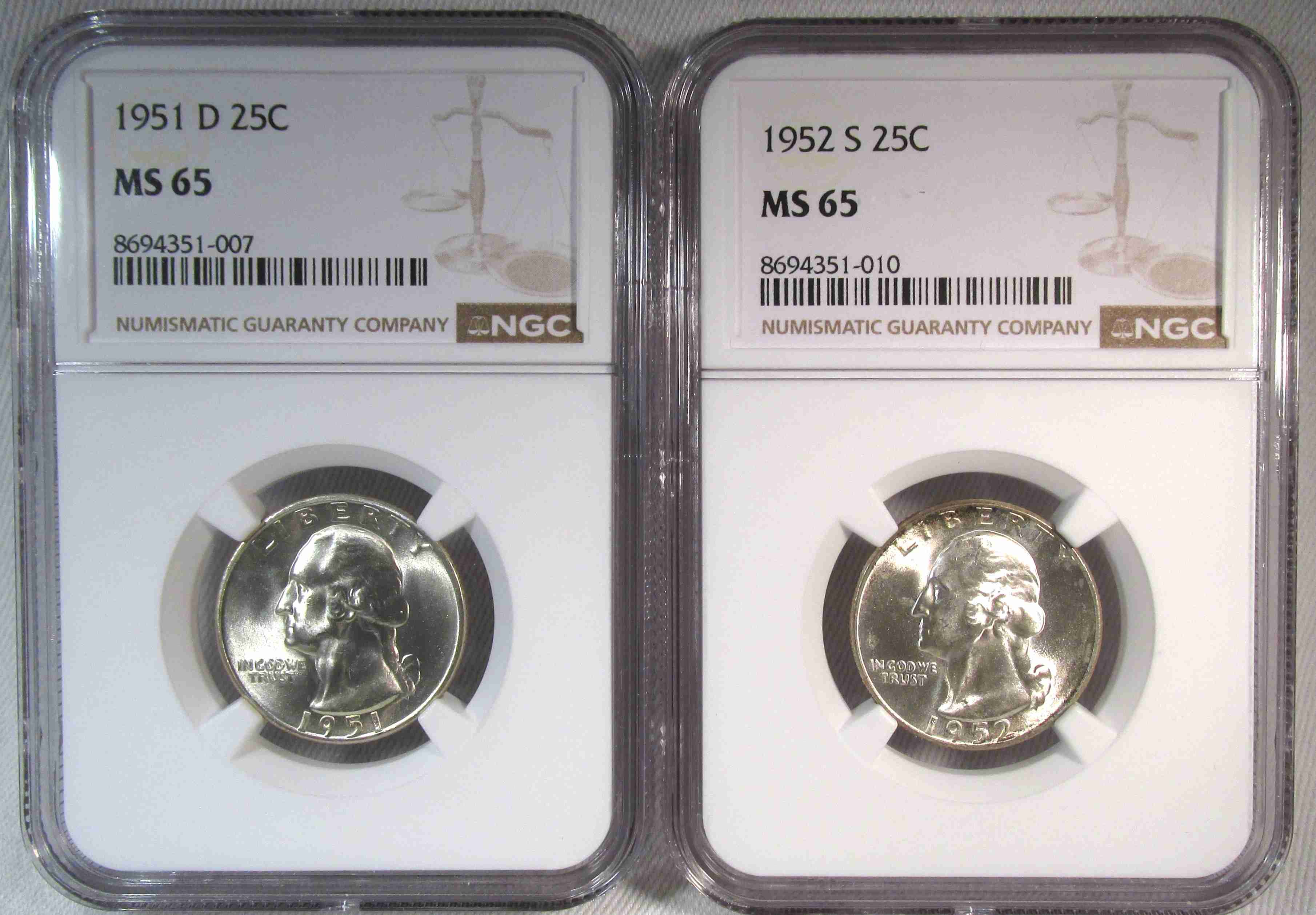 1951-D & 1952-S Silver Washington Quarters NGC MS65 Coin Lot AT742