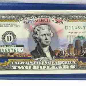 September 11, 2001 Colorized $2 Note w/ COA & Cover PC905