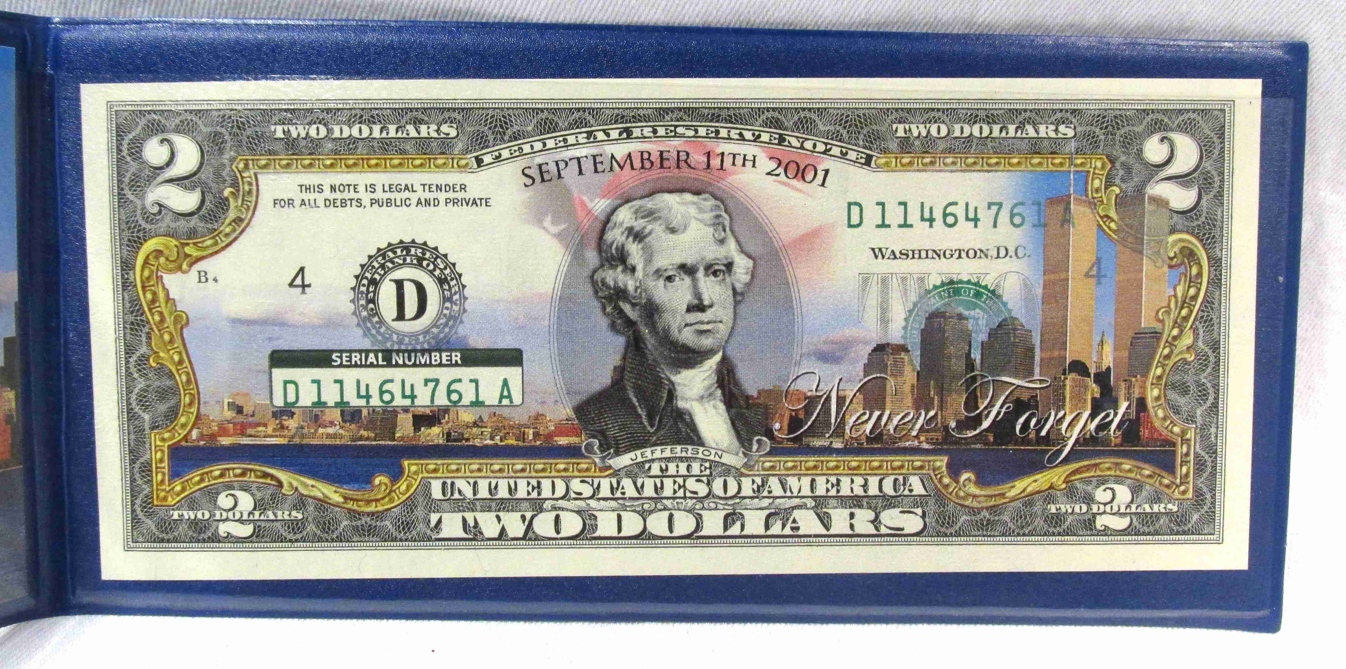 September 11, 2001 Colorized $2 Note w/ COA & Cover PC905