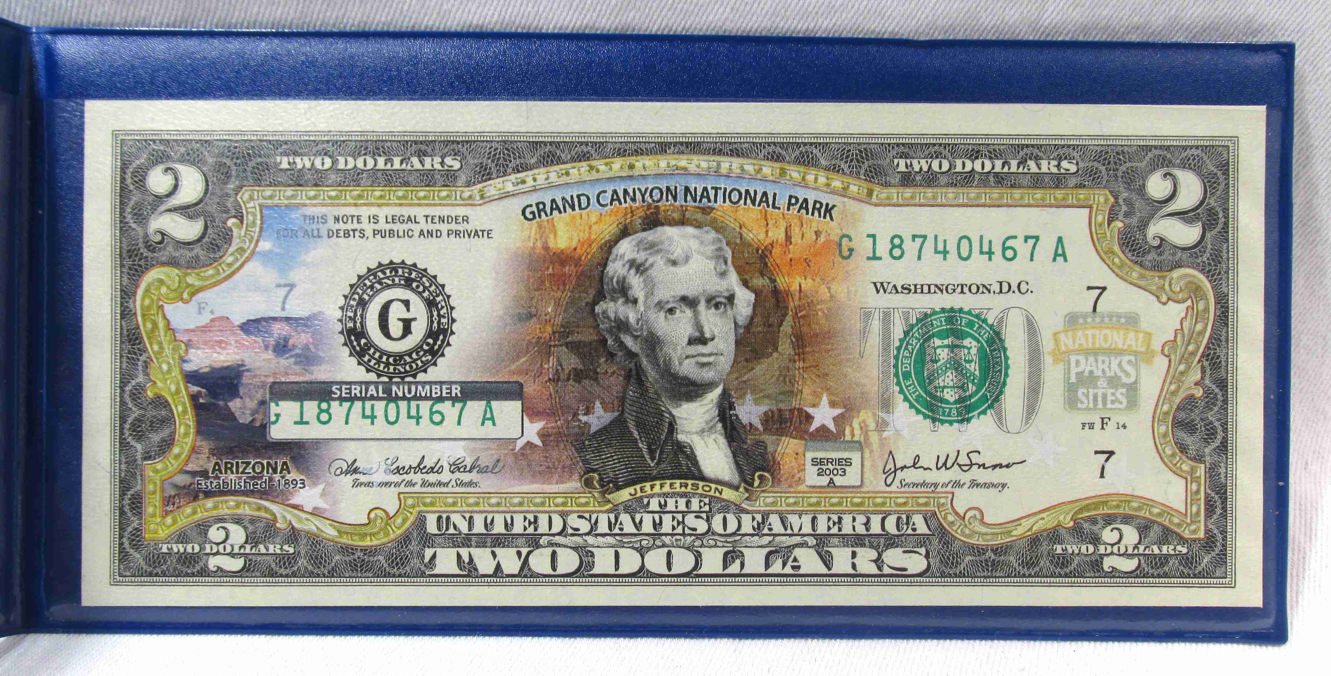 Grand Canyon National Park Colorized $2 Note w/ COA & Cover PC906