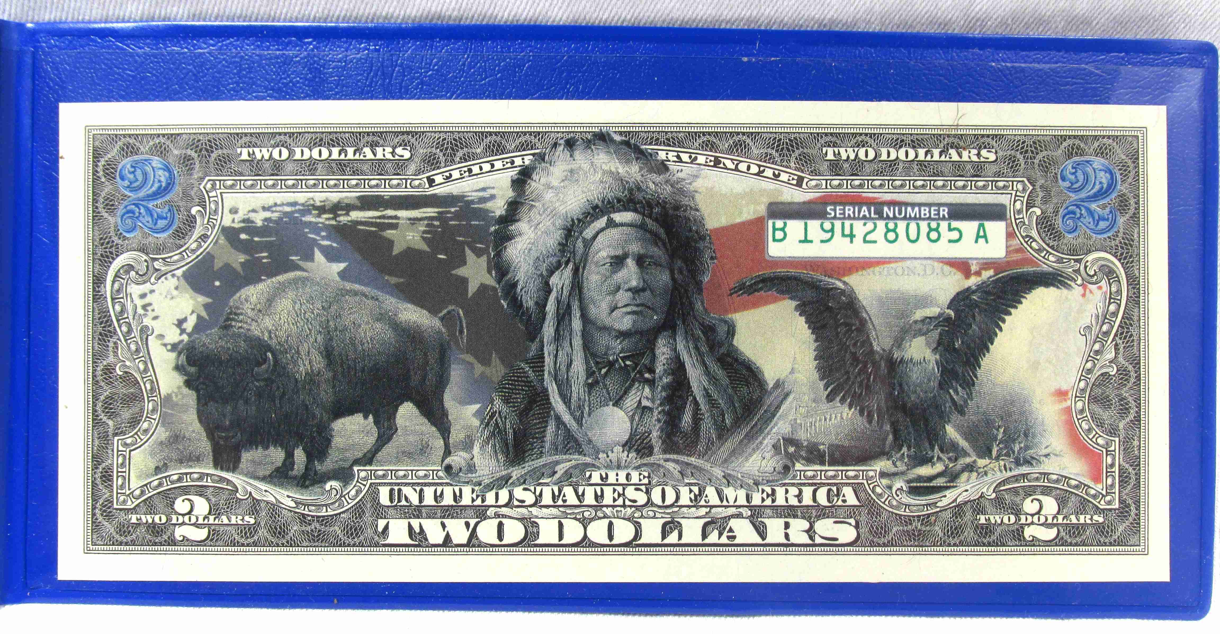 Black Eagle, Indian Chief, Bison Colorized $2 Note w/ COA & Cover PC907