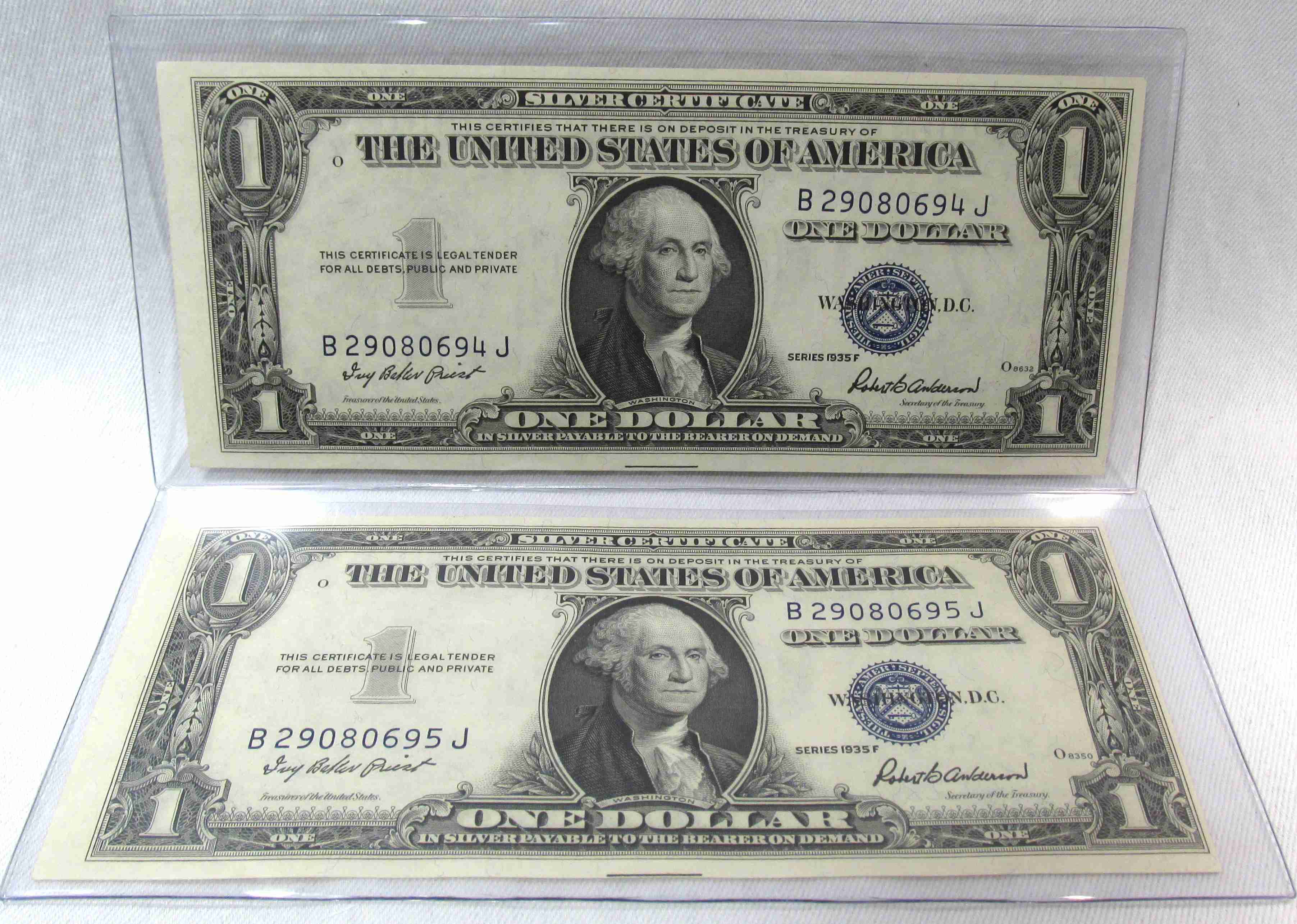 1935F $1 Silver Certificates 2 Consecutive Note BJ Block RARE Late Printing CH CU PC908