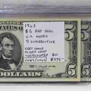 1963 $5 Red Seal U.S. Notes 9 Consecutive VCH-GEM CU PC-406