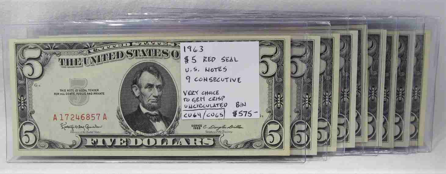 1963 $5 Red Seal U.S. Notes 9 Consecutive VCH-GEM CU PC-406