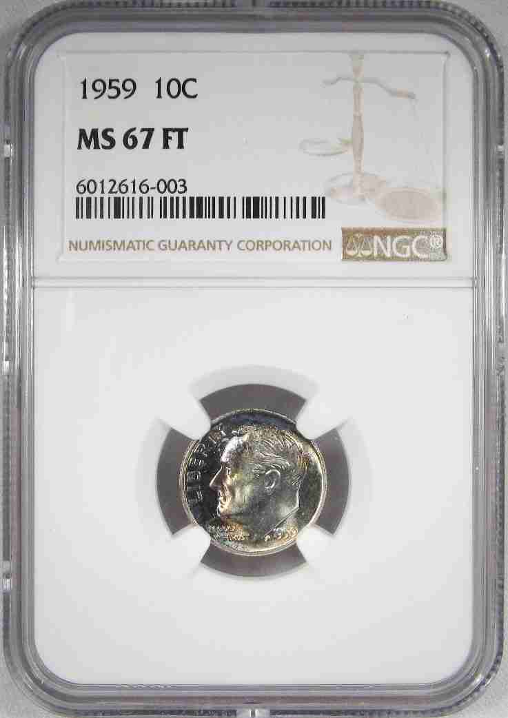 1959-P Silver Roosevelt Dime NGC MS67 FT Toned Low Pop Coin AJ147