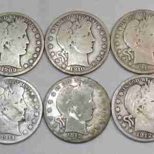 1909-1912 Silver Barber Half Dollars Lot of 6 AU65