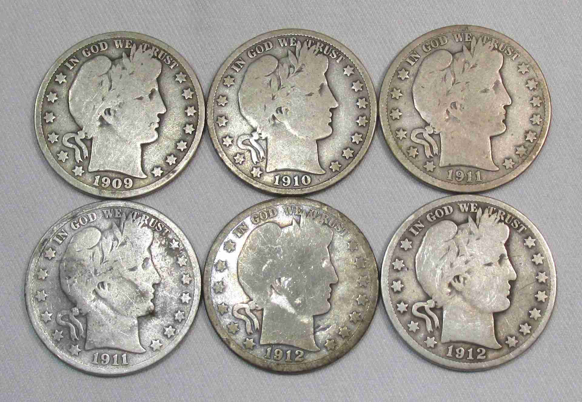 1909-1912 Silver Barber Half Dollars Lot of 6 AU65
