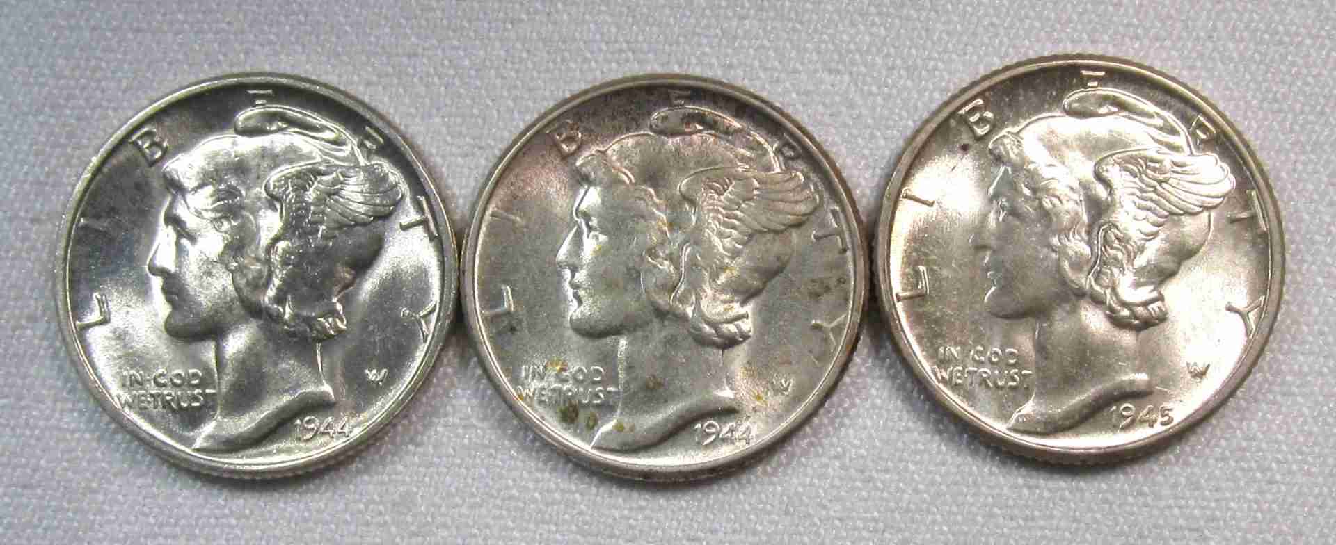 1944-1945 Silver Mercury Dimes Lot of 3 Coins AU83