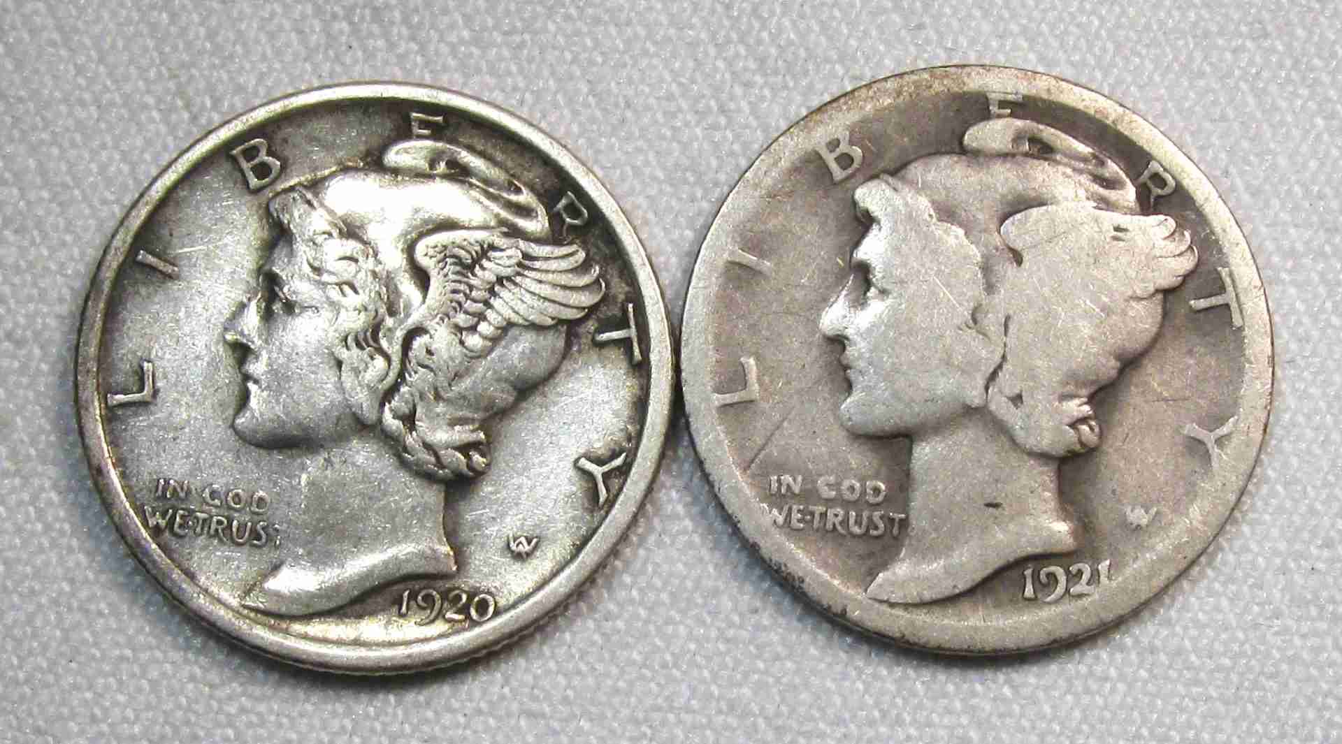 1920-S & 1921 Silver Mercury Dimes Lot of 2 AU132