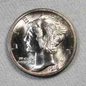 1916 Silver Mercury Dime VCH+ UNC Full Bands Coin AU141