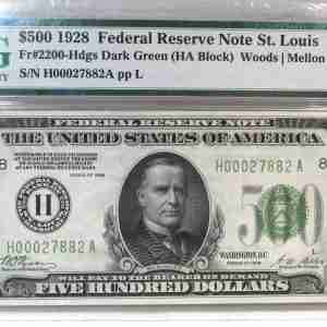 1928 $500 Federal Reserve Note St. Louis Fr 2200-H AU58 EPQ PC929