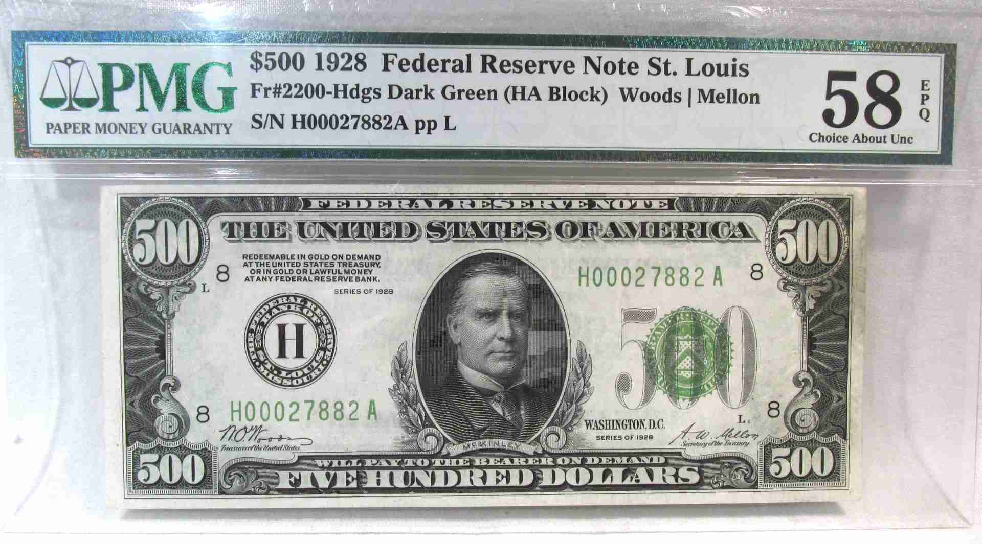 1928 $500 Federal Reserve Note St. Louis Fr 2200-H AU58 EPQ PC929