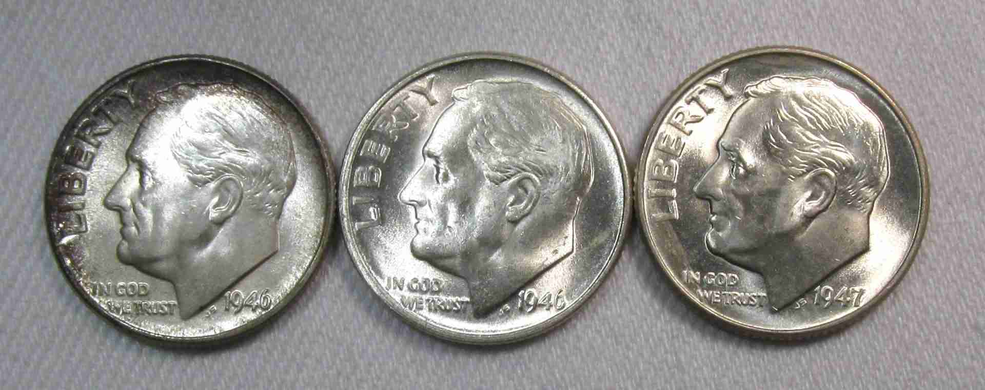 1946-1947 Silver Roosevelt Dime Lot of 3 Coins UNC AU377