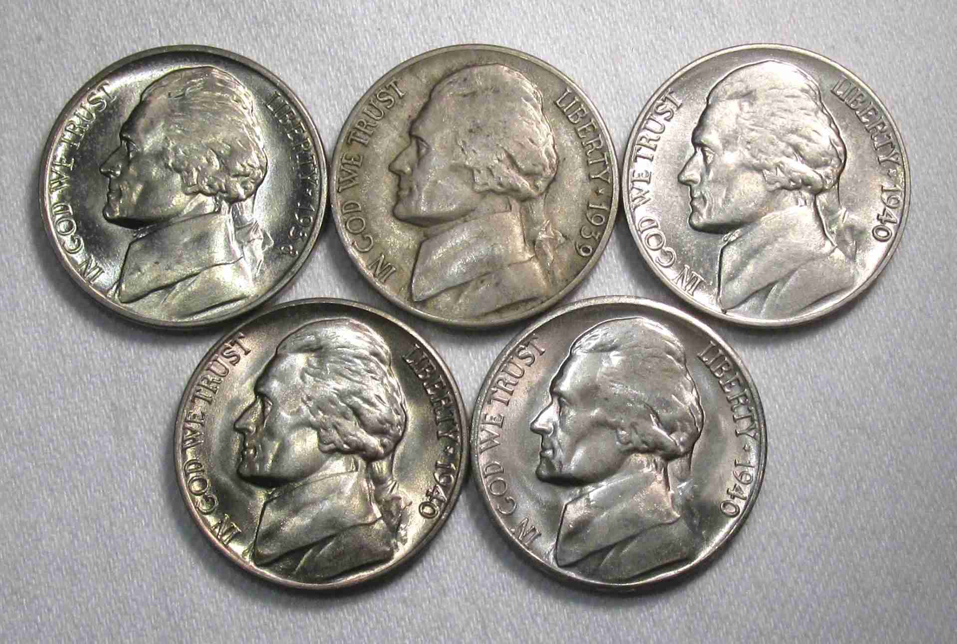 1938-1940 Jefferson Nickels Lot of 5 Coins AU419