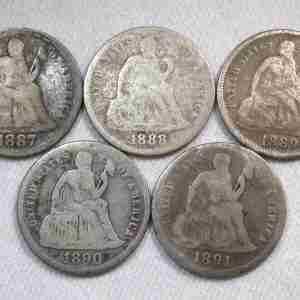 1887-1891 Silver Seated Liberty Dimes Lot of 5 Coins AU422