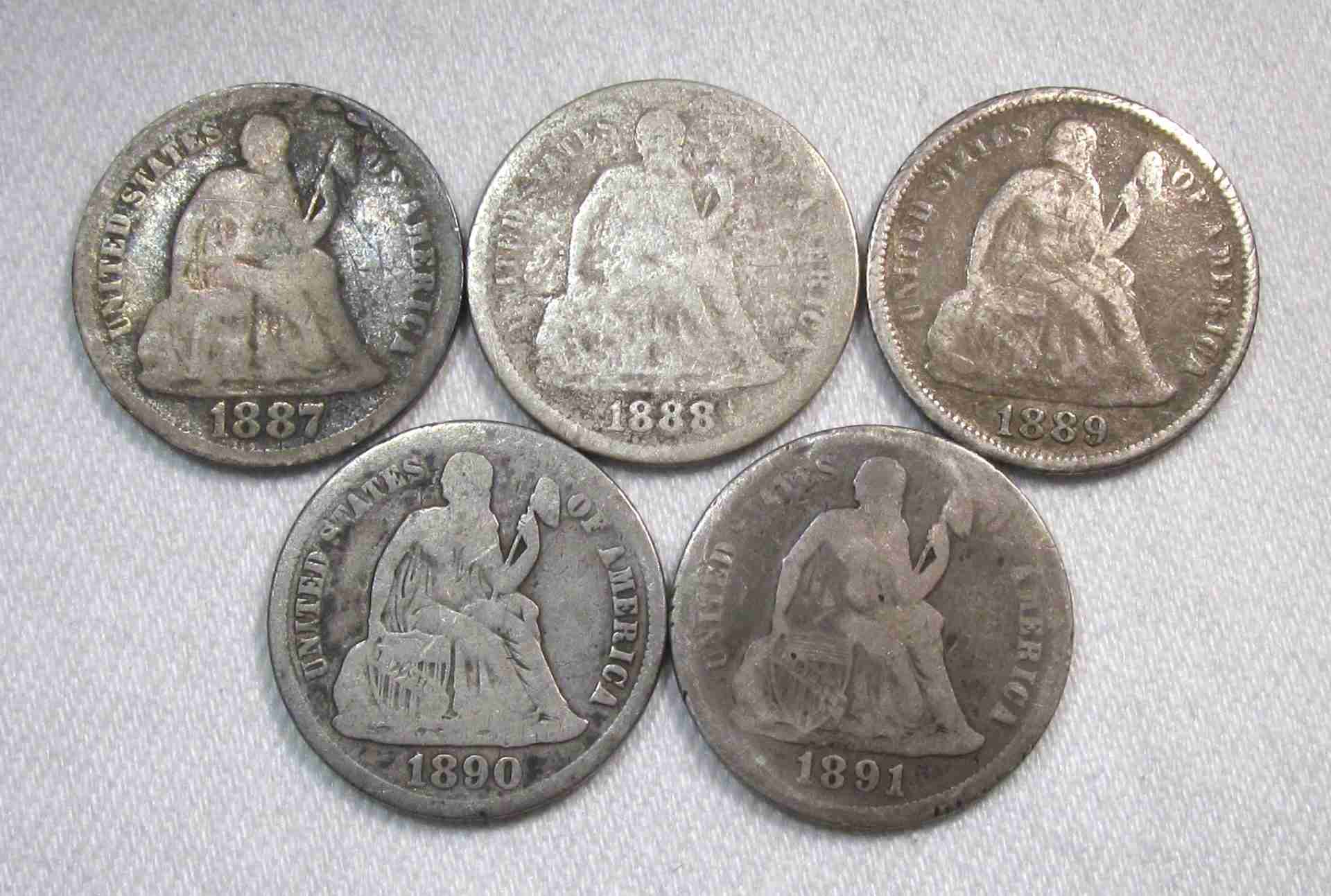 1887-1891 Silver Seated Liberty Dimes Lot of 5 Coins AU422