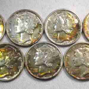 1937-1945 Rainbow Toned Silver Mercury Dime Lot of 7 Coins AU424