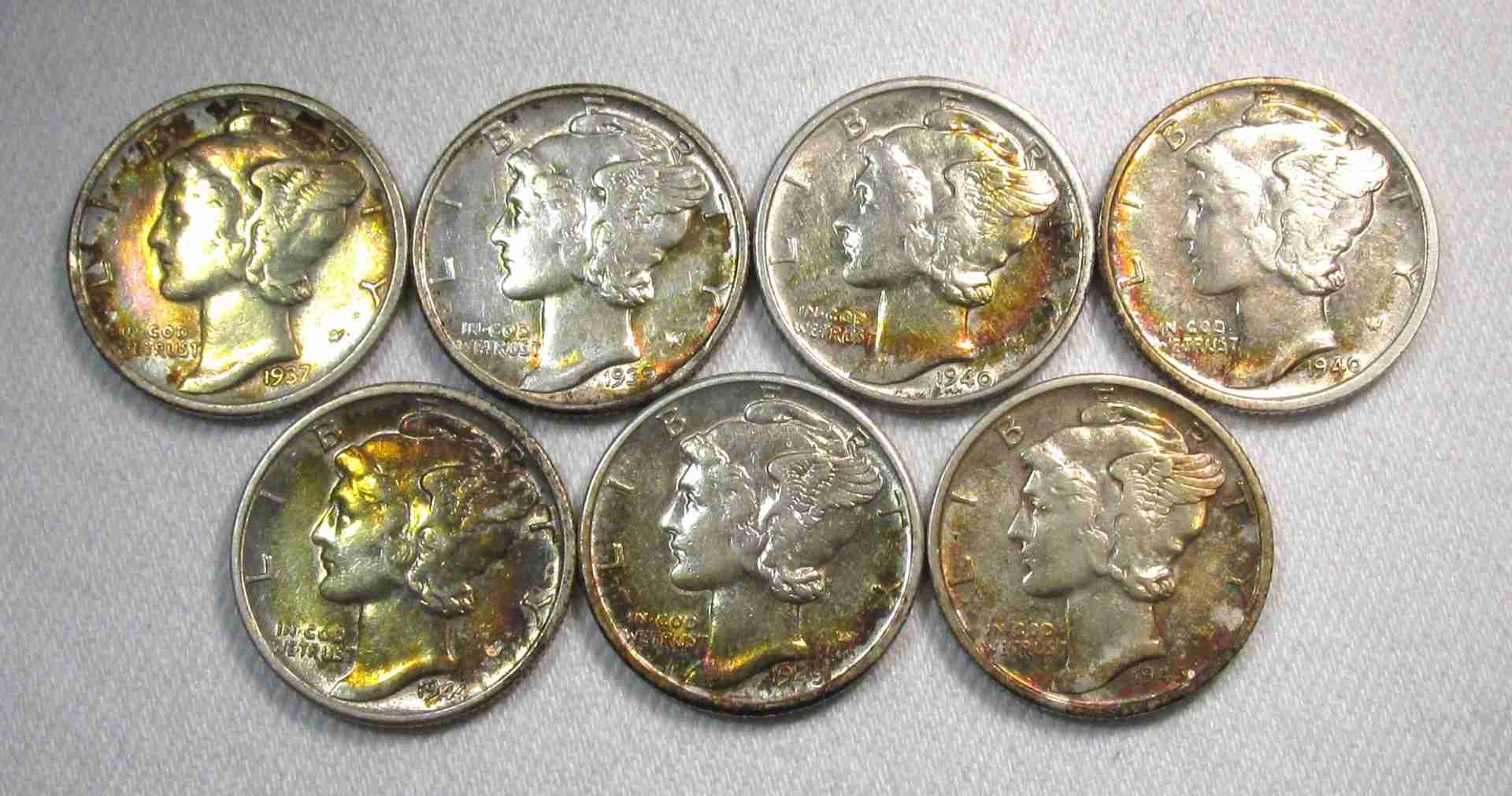 1937-1945 Rainbow Toned Silver Mercury Dime Lot of 7 Coins AU424