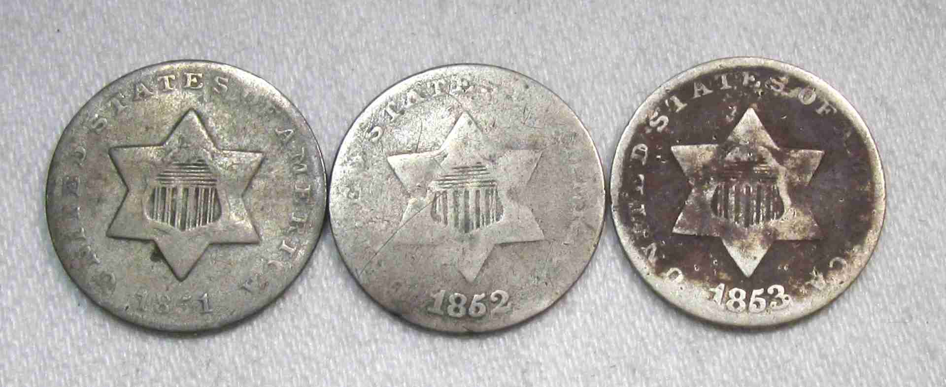 1851-1853 Silver Three Cents Lot of 3 Coins AU425