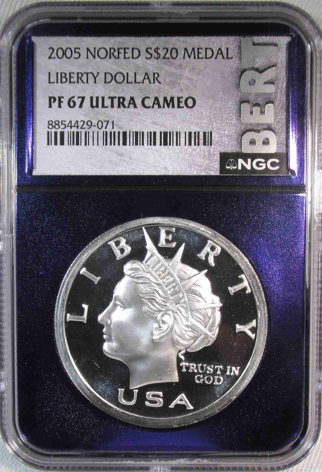 2005 Norfed $20 Liberty Dollar NGC PF67 UCAM Bert Label Purple Core AU468
