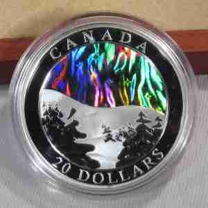 2004 $20 Canadian 1oz .9999 Aurora Borealis Hologram Coin in OGP AU487