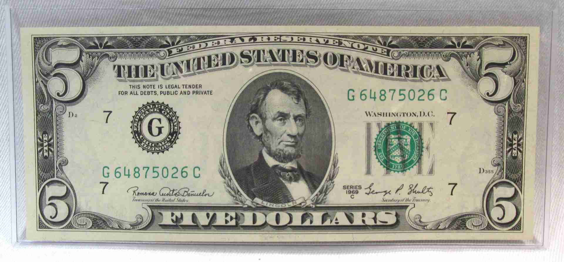 1969C $5 Federal Reserve Note Chicago CH CU PC950