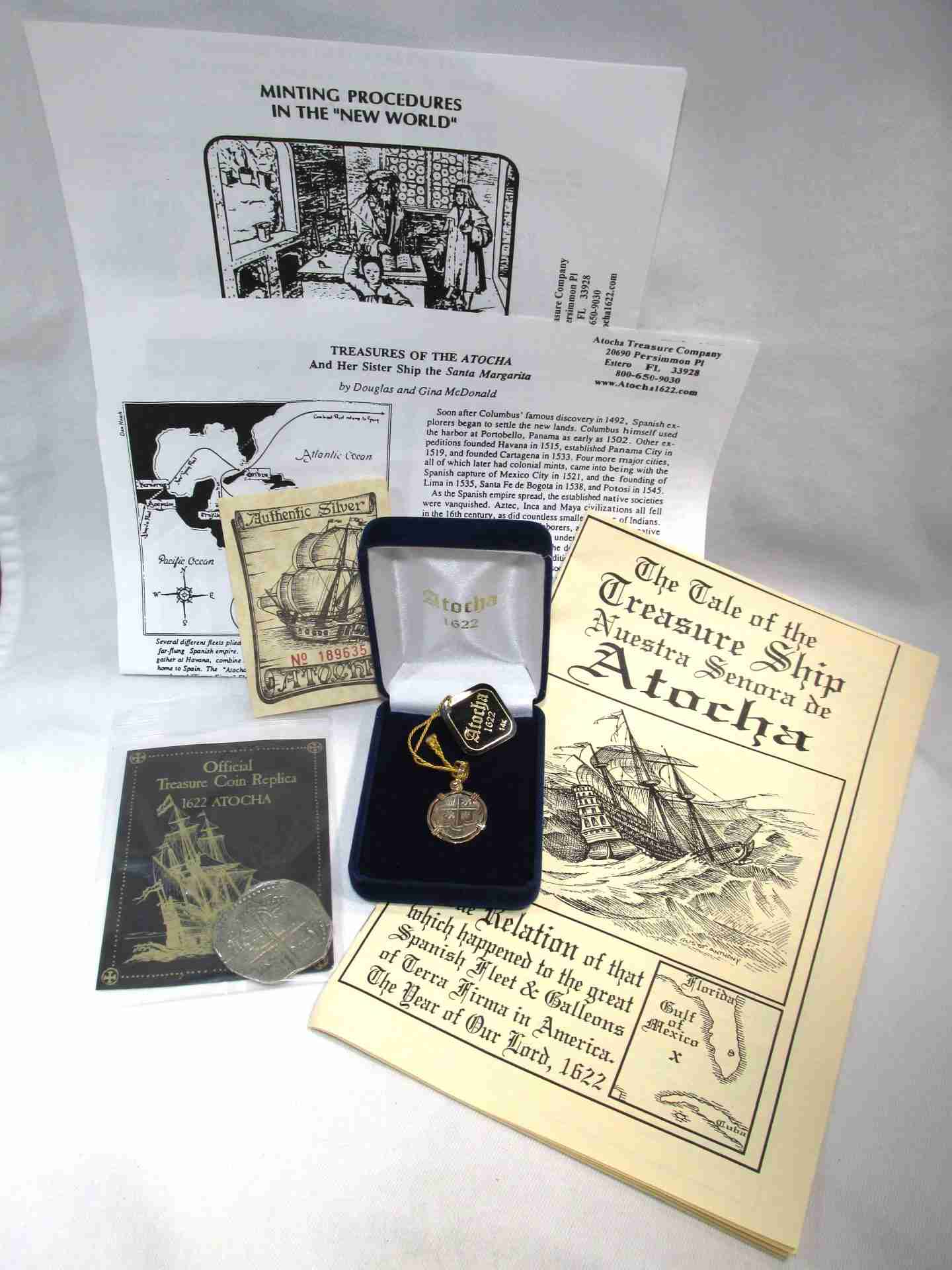 14K Replica Atocha 1622 Coin Pendant w/ Box, COA & Literature AU565