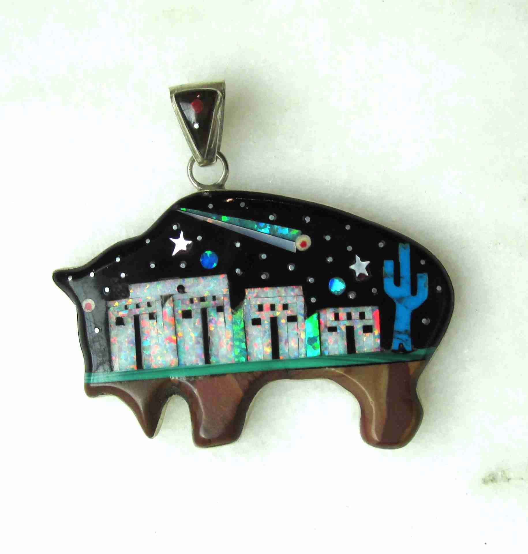 "SS" Sterling Silver Multi-Stone Inlay Galaxy Buffalo Pendant ETC11196