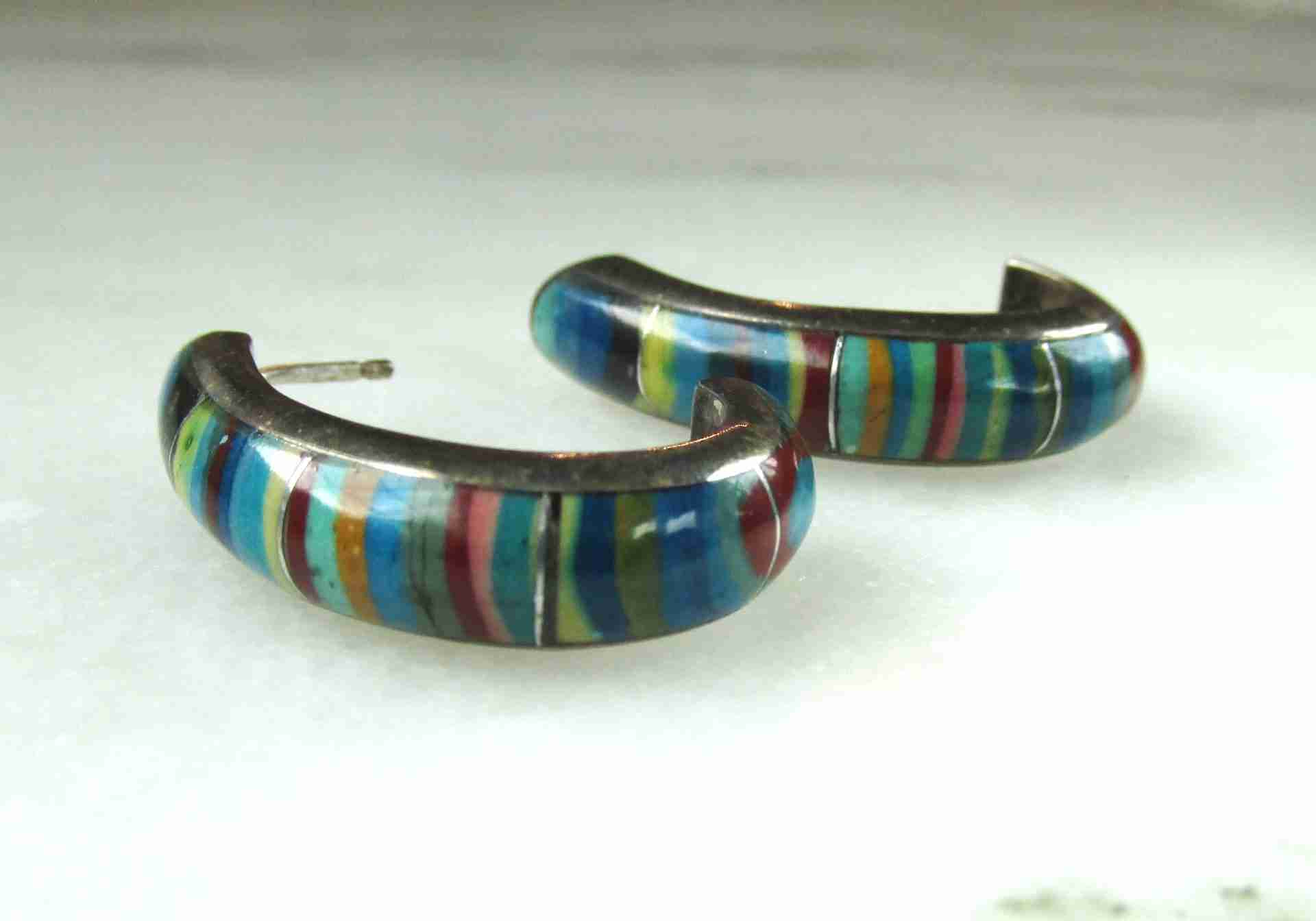 Native American Rainbow Stone Sterling Silver Hoop Earrings ETC11200