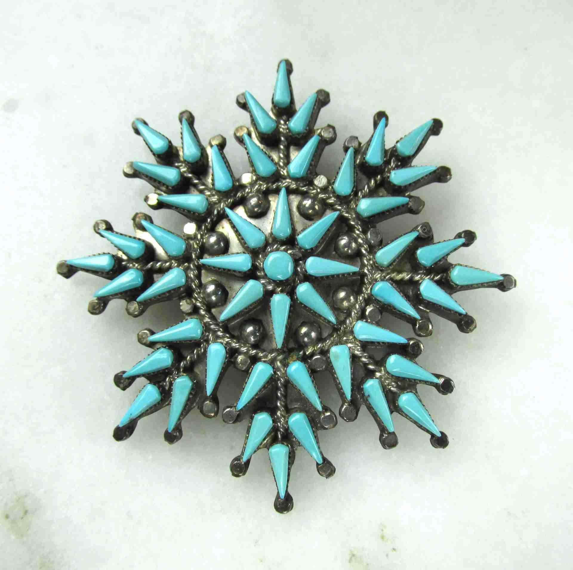 Vera Halusewa Zuni Petit Point Turquoise Sterling Snowflake Brooch Pendant ETC11201